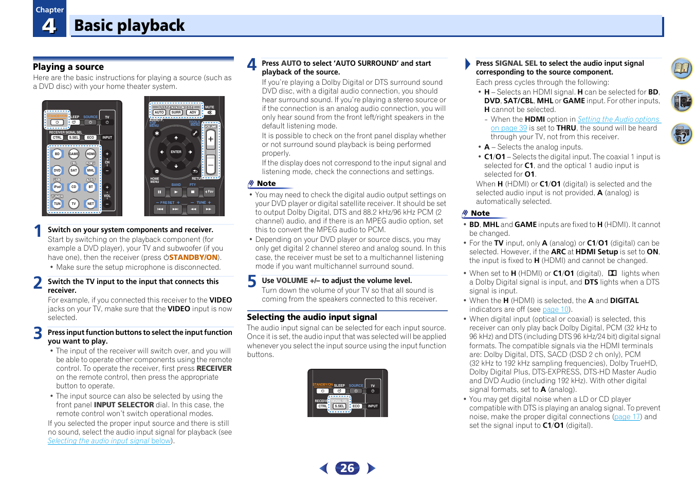 04 basic playback, Playing a source, Selecting the audio input signal | Basic playback | Pioneer VSX-529-K User Manual | Page 26 / 66