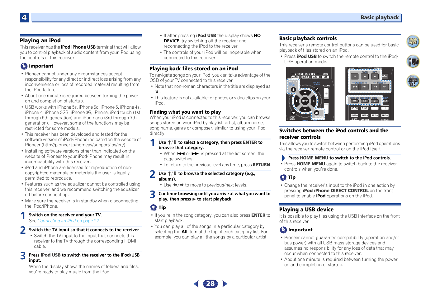 Playing an ipod, Playing back files stored on an ipod, Basic playback controls | Controls, Playing a usb device | Pioneer VSX-529-K User Manual | Page 28 / 66