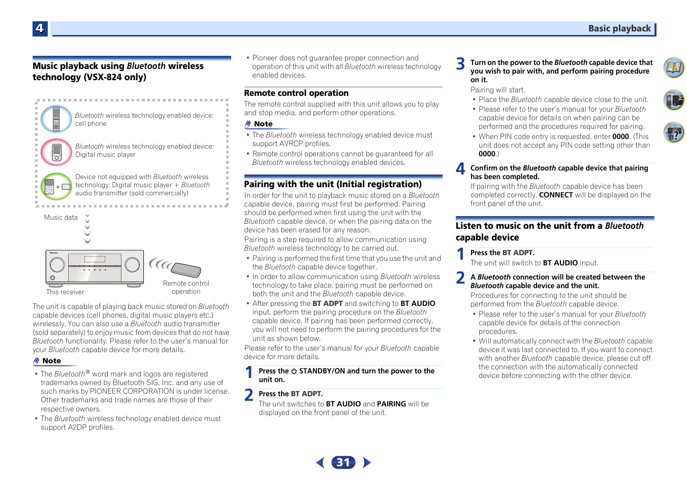 Music playback using bluetooth wireless technology, Vsx-824 only), Remote control operation | Pairing with the unit (initial registration), Device | Pioneer VSX-529-K User Manual | Page 31 / 66