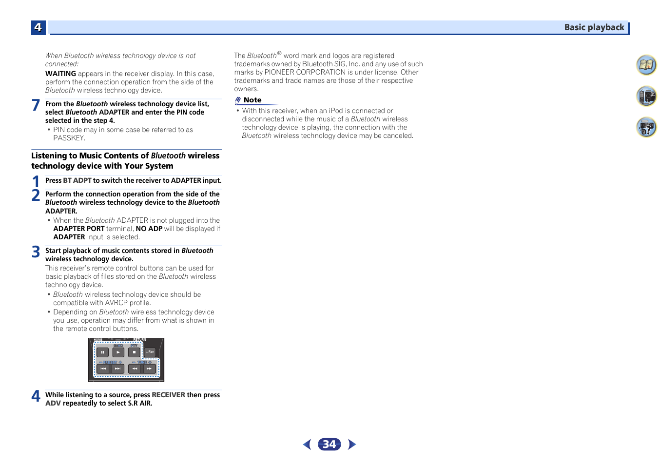 Listening to music contents of bluetooth wireless, Technology device with your system | Pioneer VSX-529-K User Manual | Page 34 / 66