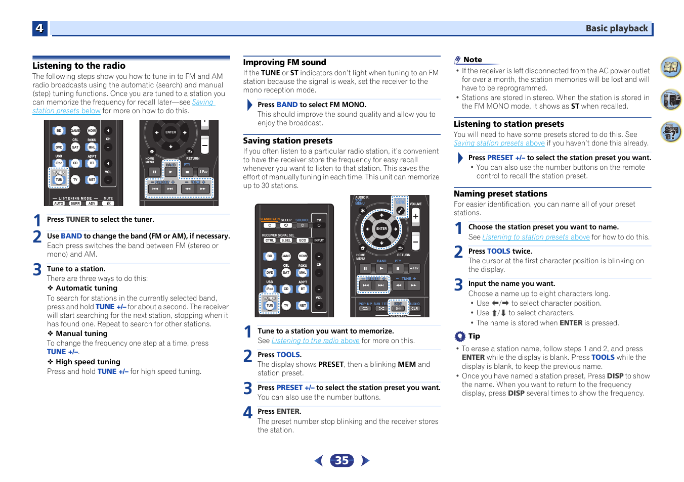 Listening to the radio, Improving fm sound, Saving station presets | Listening to station presets, Naming preset stations | Pioneer VSX-529-K User Manual | Page 35 / 66