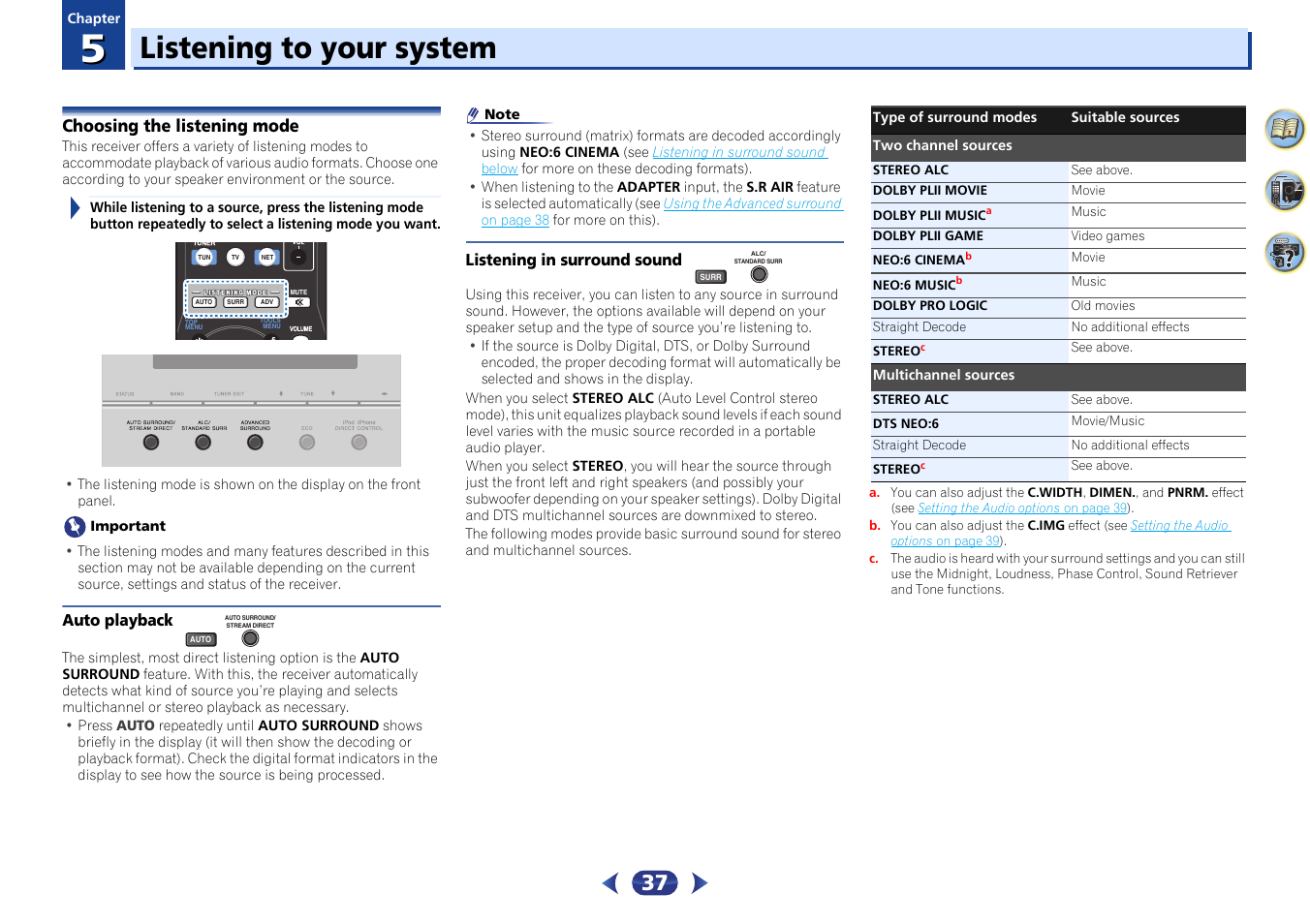 05 listening to your system, Choosing the listening mode, Auto playback | Listening in surround sound, Listening to your system | Pioneer VSX-529-K User Manual | Page 37 / 66