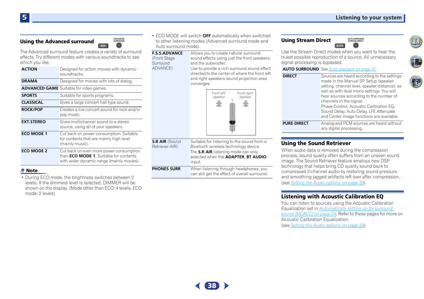 Using the advanced surround, Using stream direct, Using the sound retriever | Listening with acoustic calibration eq | Pioneer VSX-529-K User Manual | Page 38 / 66