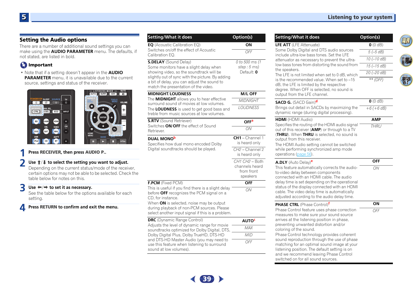 Setting the audio options | Pioneer VSX-529-K User Manual | Page 39 / 66