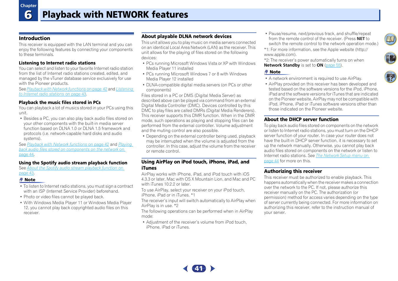 06 playback with network features, Introduction, About playable dlna network devices | Using airplay on ipod touch, iphone, ipad, and, Itunes, About the dhcp server function, Authorizing this receiver, Playback with network features | Pioneer VSX-529-K User Manual | Page 41 / 66