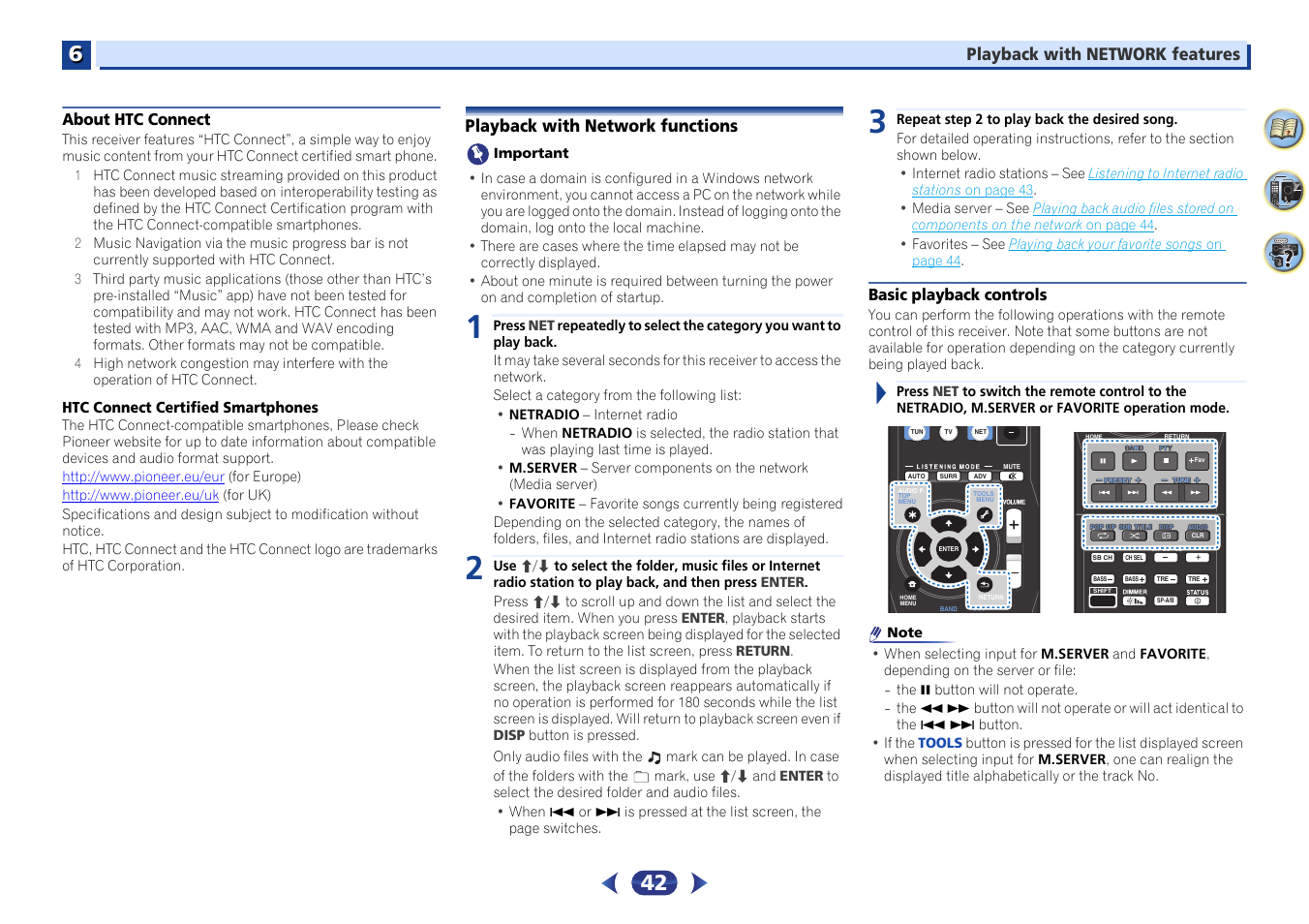 About htc connect, Playback with network functions, Basic playback controls | Pioneer VSX-529-K User Manual | Page 42 / 66