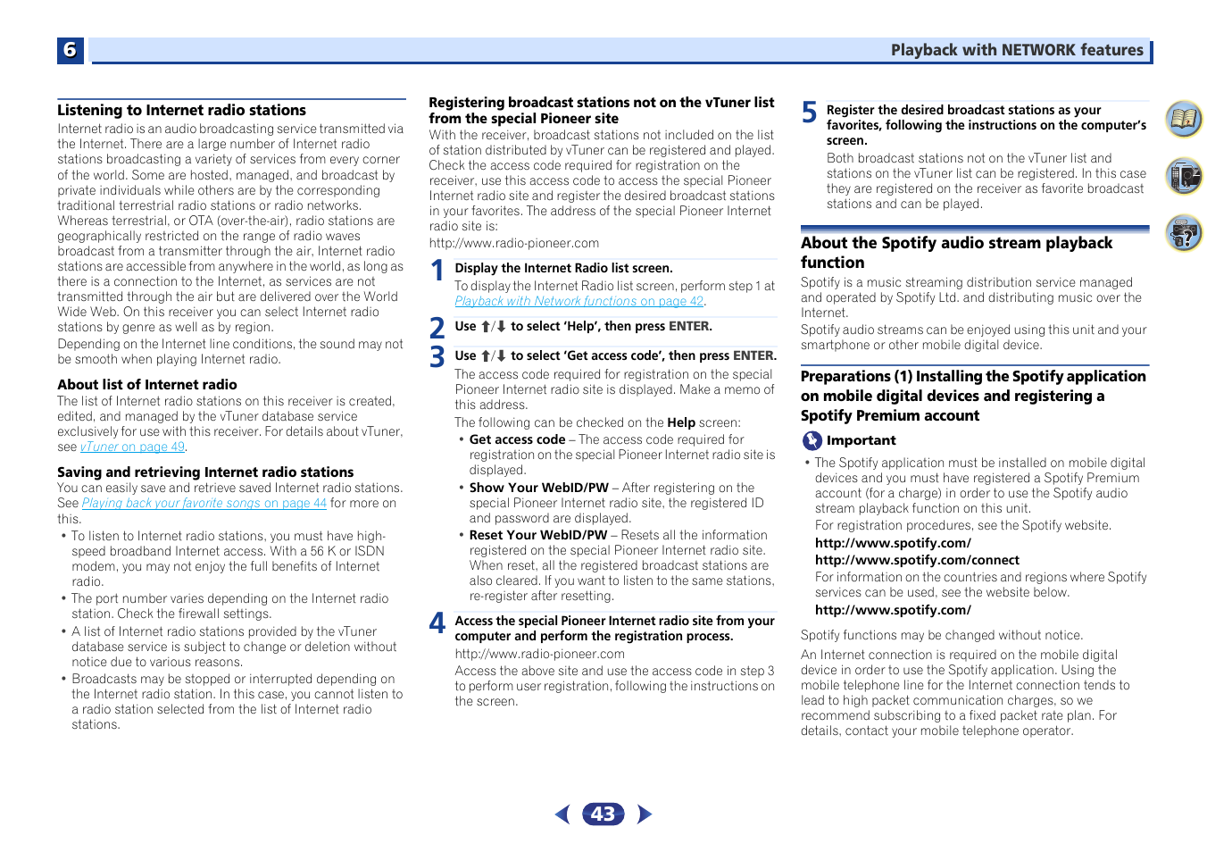 Listening to internet radio stations, About the spotify audio stream playback function, Account | Pioneer VSX-529-K User Manual | Page 43 / 66