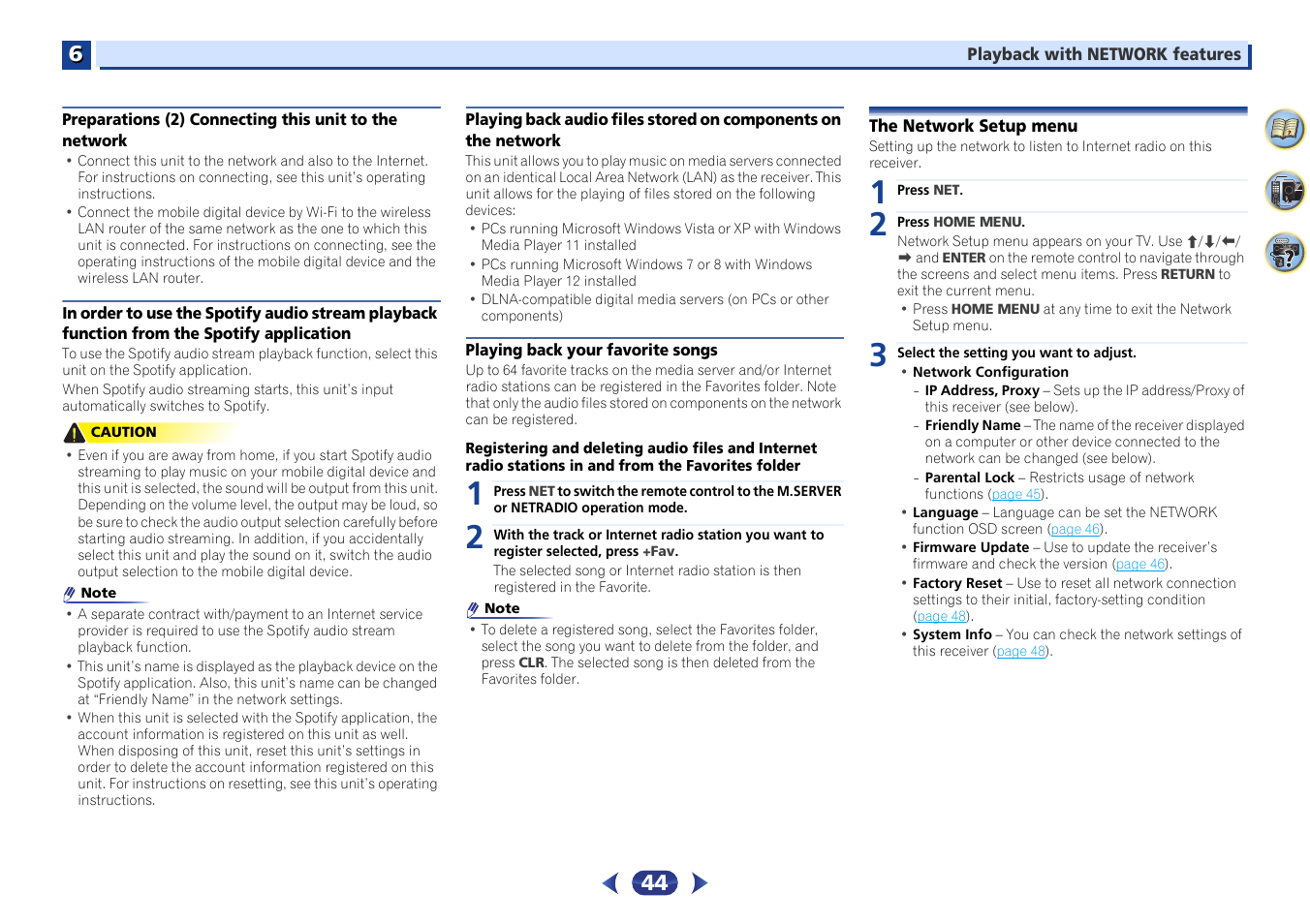 In order to use the spotify audio stream playback, Function from the spotify application, Network | Playing back your favorite songs, The network setup menu | Pioneer VSX-529-K User Manual | Page 44 / 66