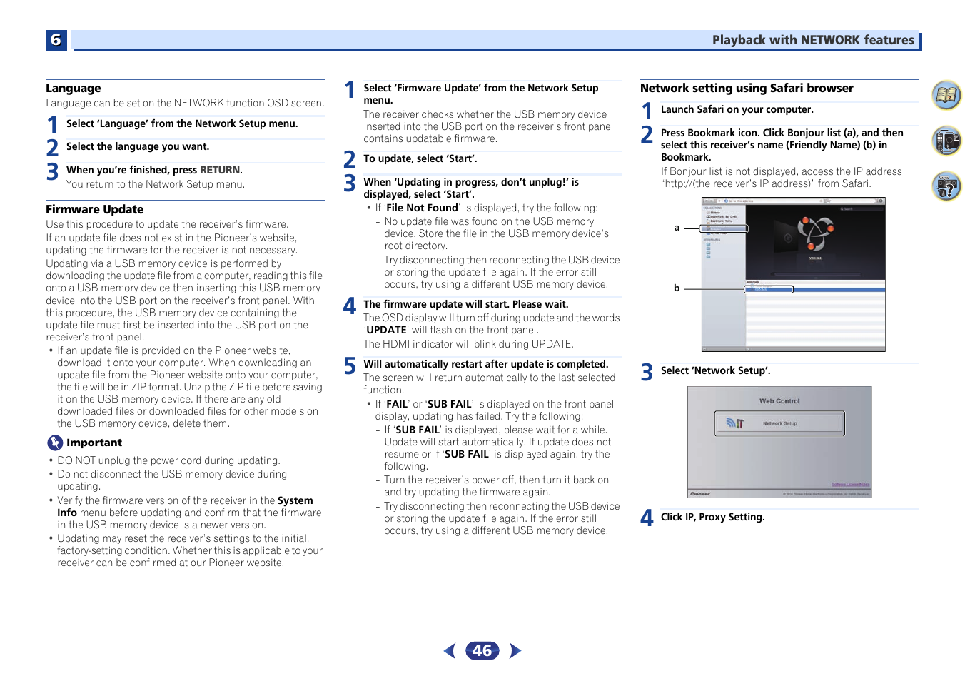 Language, Firmware update, Network setting using safari browser | Pioneer VSX-529-K User Manual | Page 46 / 66