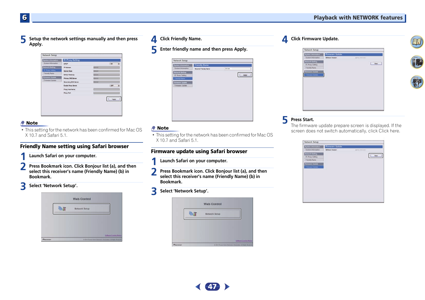 Friendly name setting using safari browser, Firmware update using safari browser | Pioneer VSX-529-K User Manual | Page 47 / 66