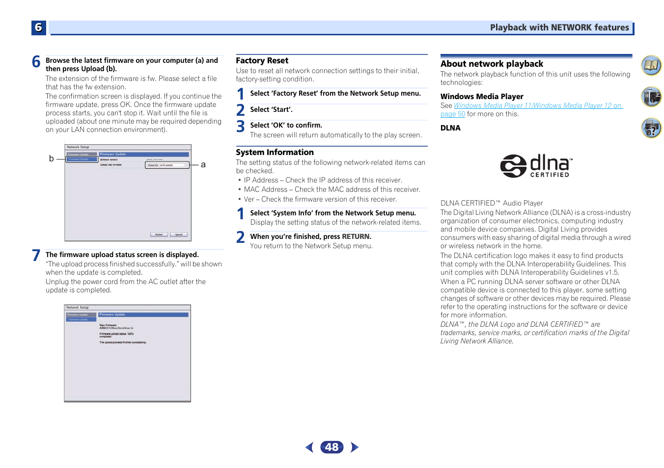 Factory reset, System information, About network playback | Pioneer VSX-529-K User Manual | Page 48 / 66