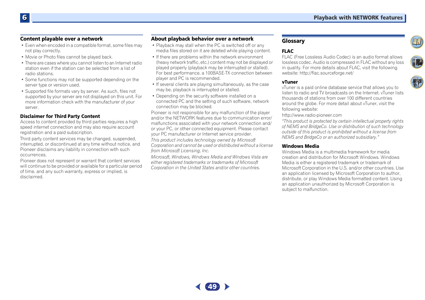 Content playable over a network, About playback behavior over a network, Glossary | Pioneer VSX-529-K User Manual | Page 49 / 66