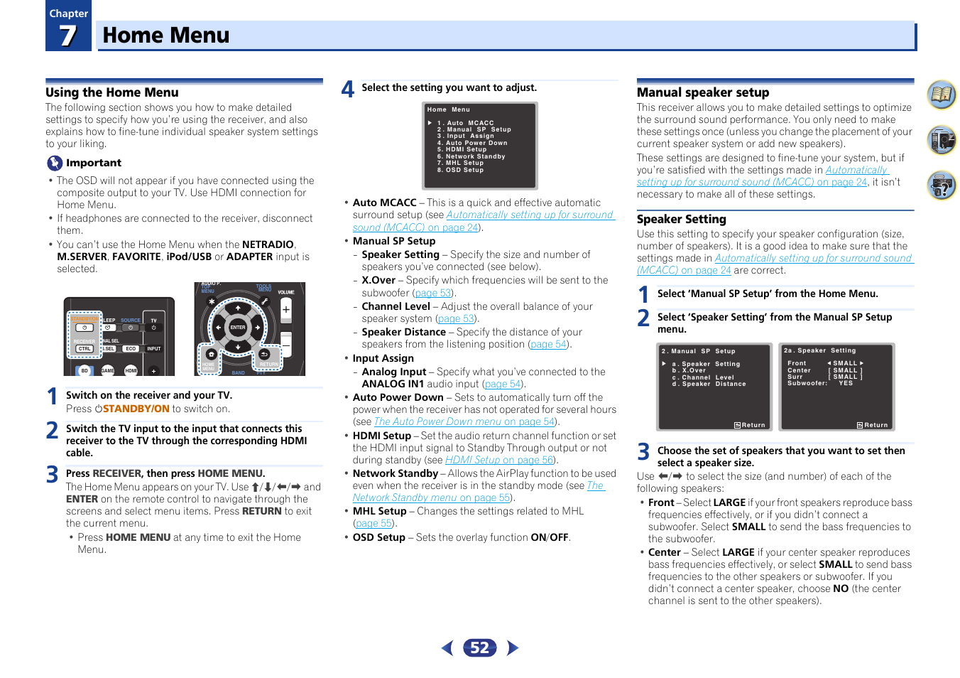 07 home menu, Using the home menu, Manual speaker setup | Speaker setting, Home menu | Pioneer VSX-529-K User Manual | Page 52 / 66