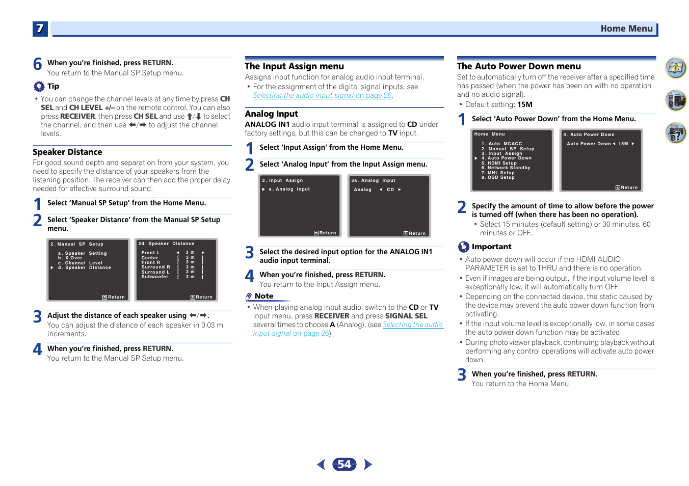 Speaker distance, The input assign menu, Analog input | The auto power down menu | Pioneer VSX-529-K User Manual | Page 54 / 66