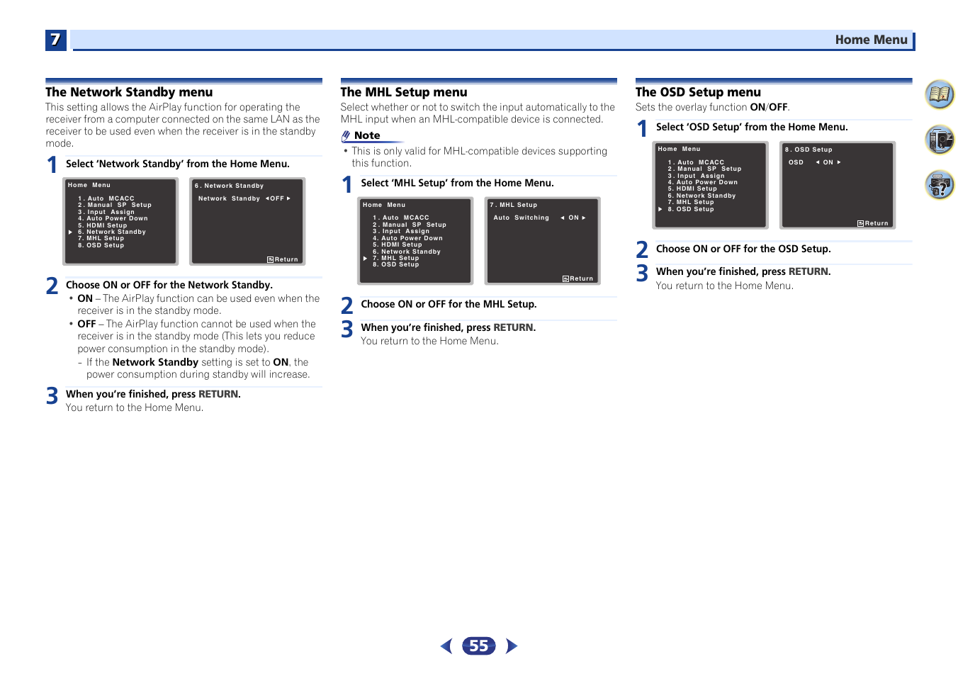 The network standby menu, The mhl setup menu, The osd setup menu | Pioneer VSX-529-K User Manual | Page 55 / 66