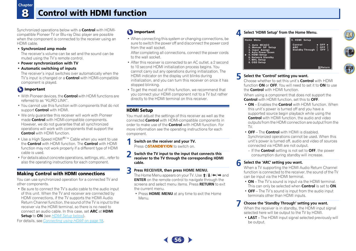 08 control with hdmi function, Making control with hdmi connections, Hdmi setup | Control with hdmi function | Pioneer VSX-529-K User Manual | Page 56 / 66