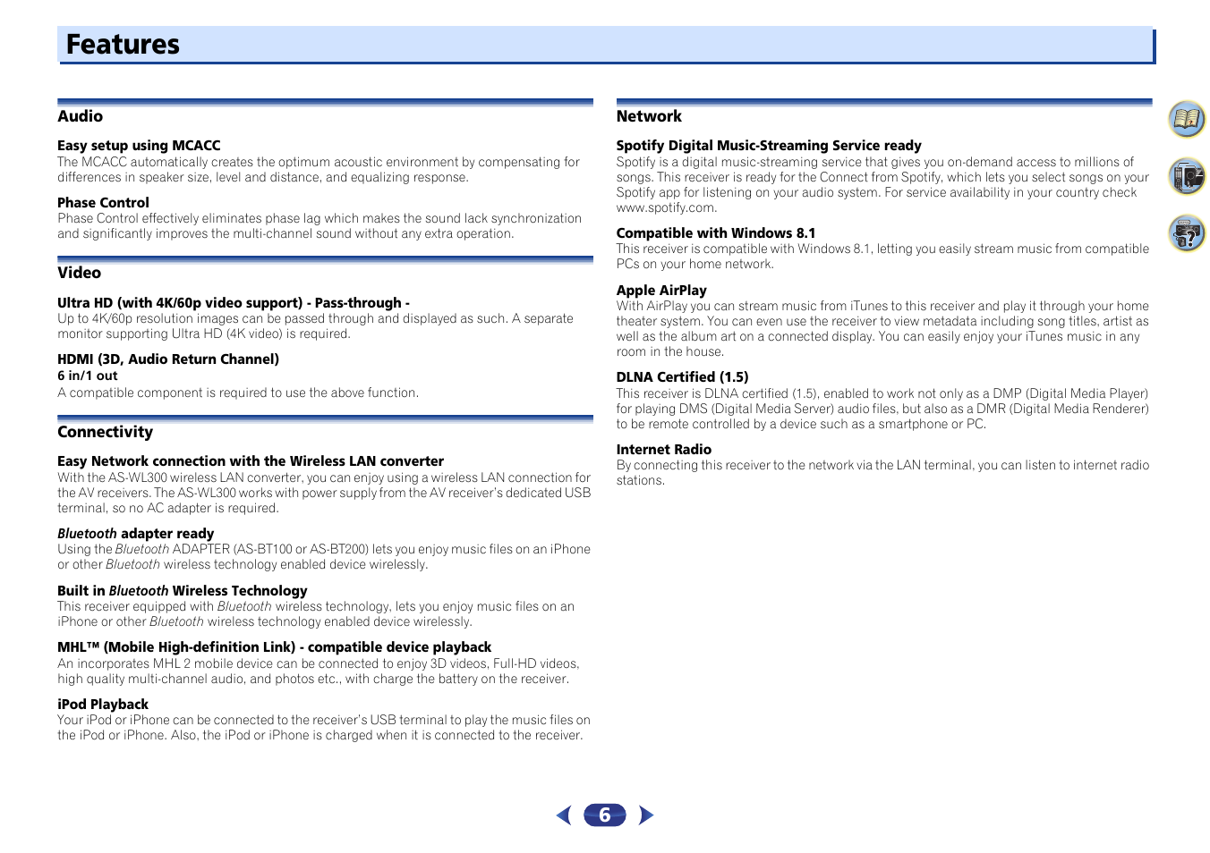 Features | Pioneer VSX-529-K User Manual | Page 6 / 66