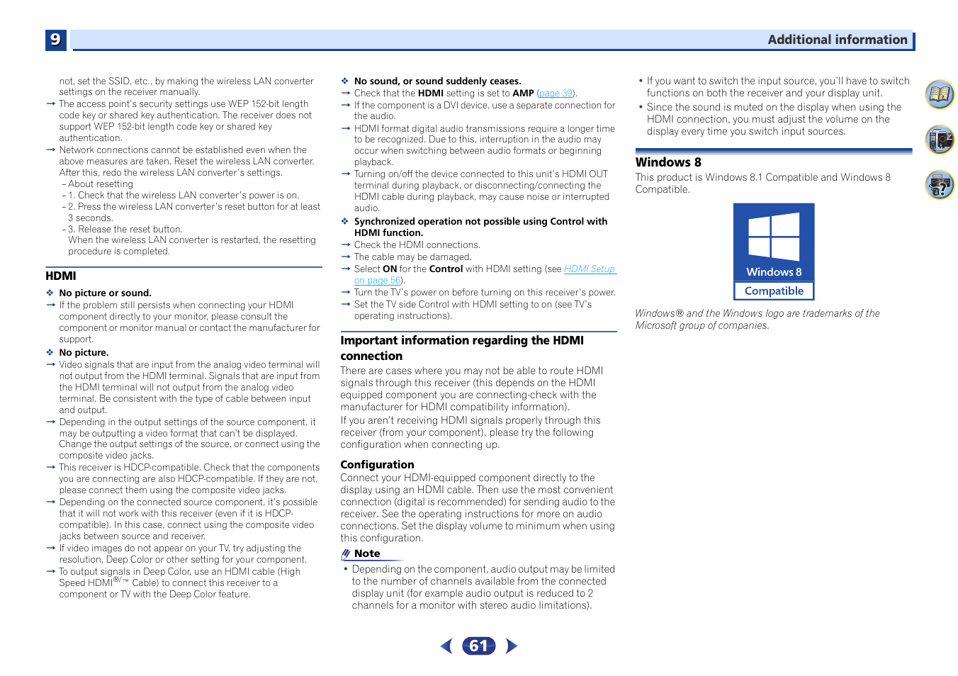 Hdmi, Important information regarding the hdmi, Connection | Windows 8 | Pioneer VSX-529-K User Manual | Page 61 / 66