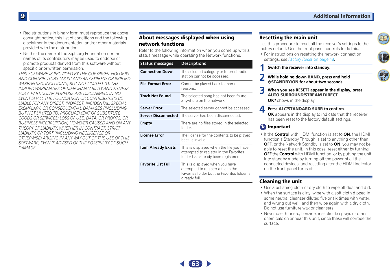 About messages displayed when using network, Functions, Resetting the main unit | Cleaning the unit | Pioneer VSX-529-K User Manual | Page 63 / 66