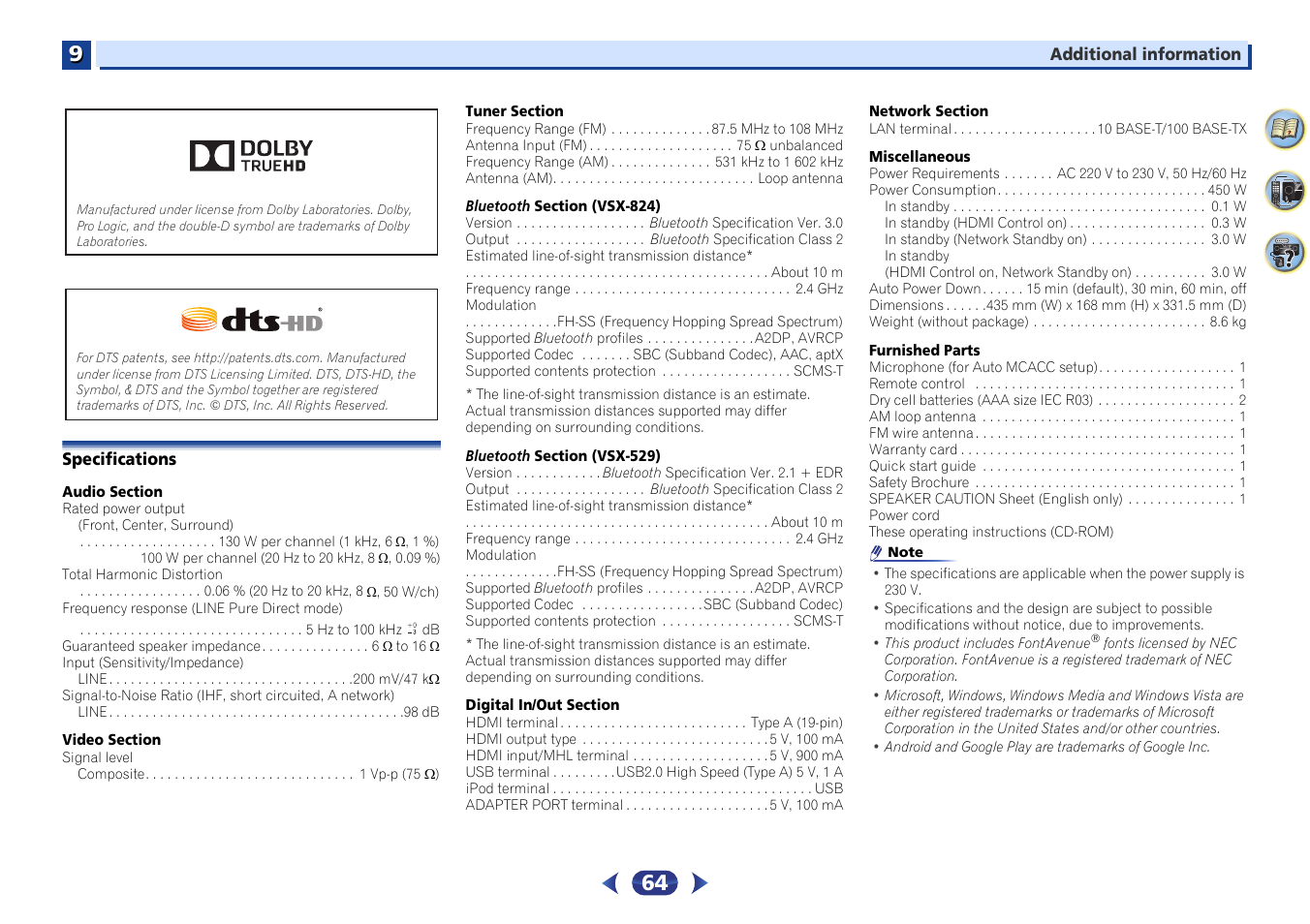 Specifications | Pioneer VSX-529-K User Manual | Page 64 / 66
