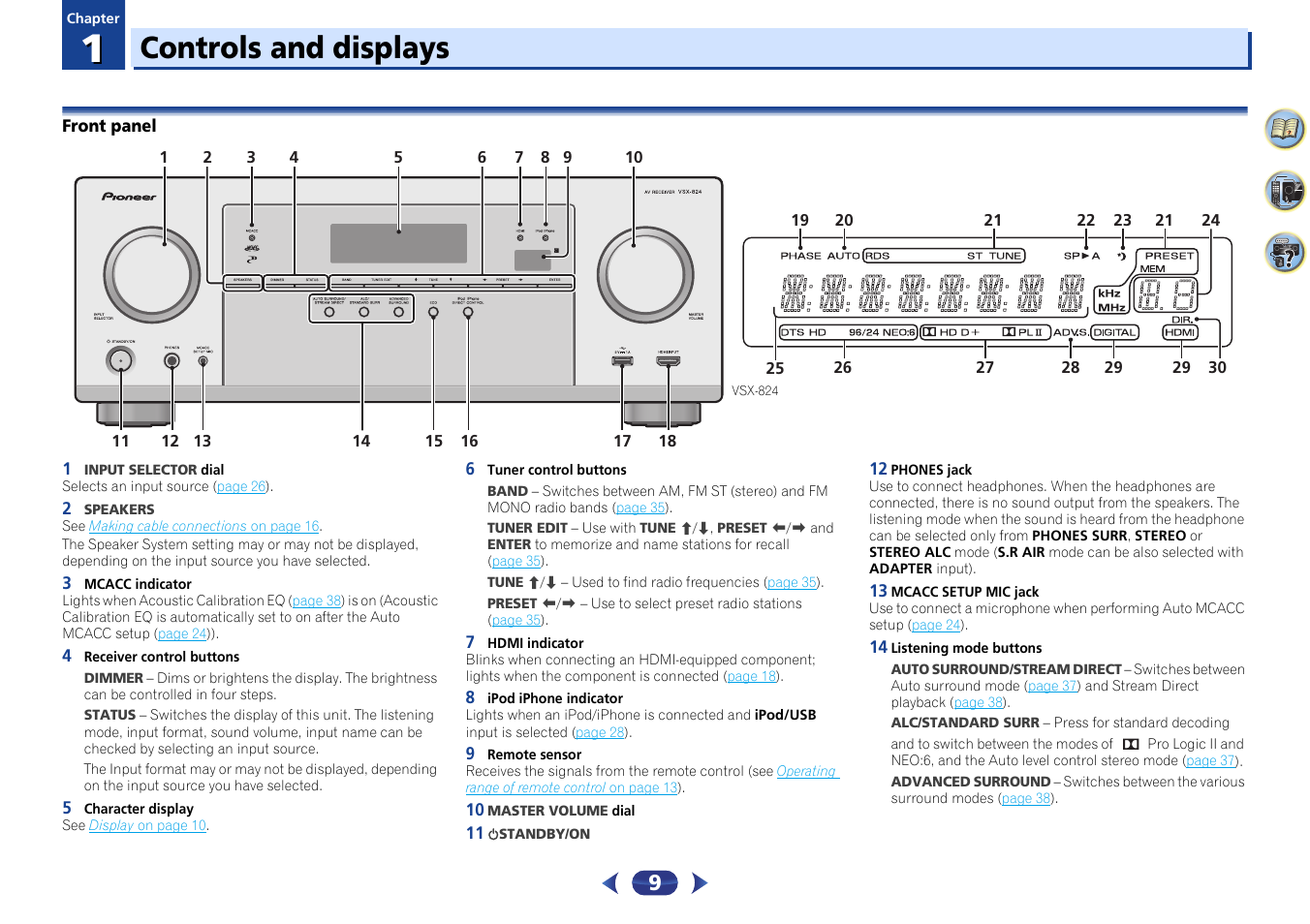 01 controls and displays, Front panel, Controls and displays | Pioneer VSX-529-K User Manual | Page 9 / 66