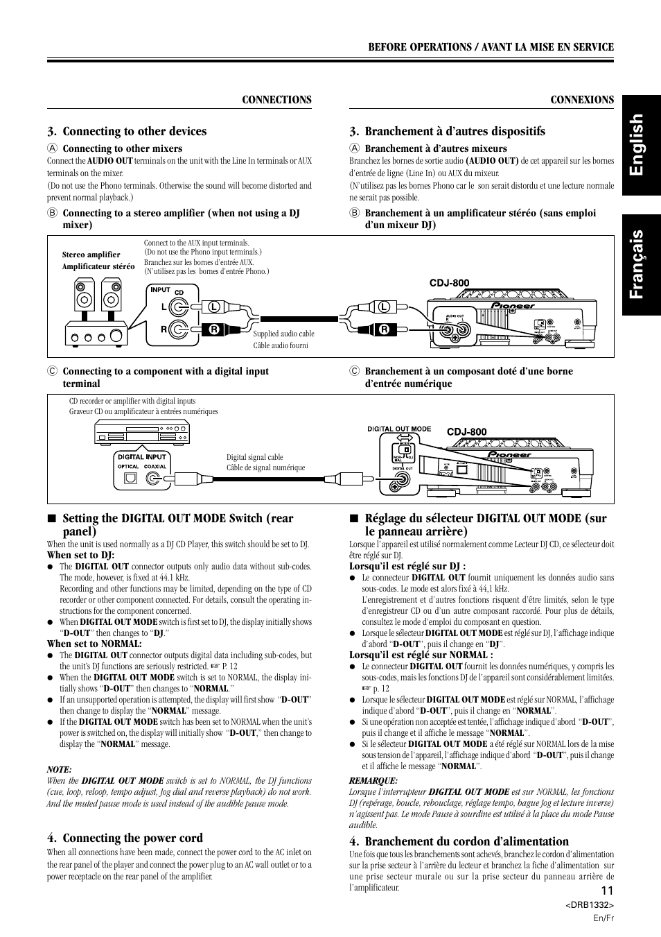 English français, 7 setting the digital out mode switch (rear panel), Connecting the power cord | Connecting to other devices, Branchement à d’autres dispositifs, Branchement du cordon d’alimentation | Pioneer CDJ-800 User Manual | Page 11 / 96