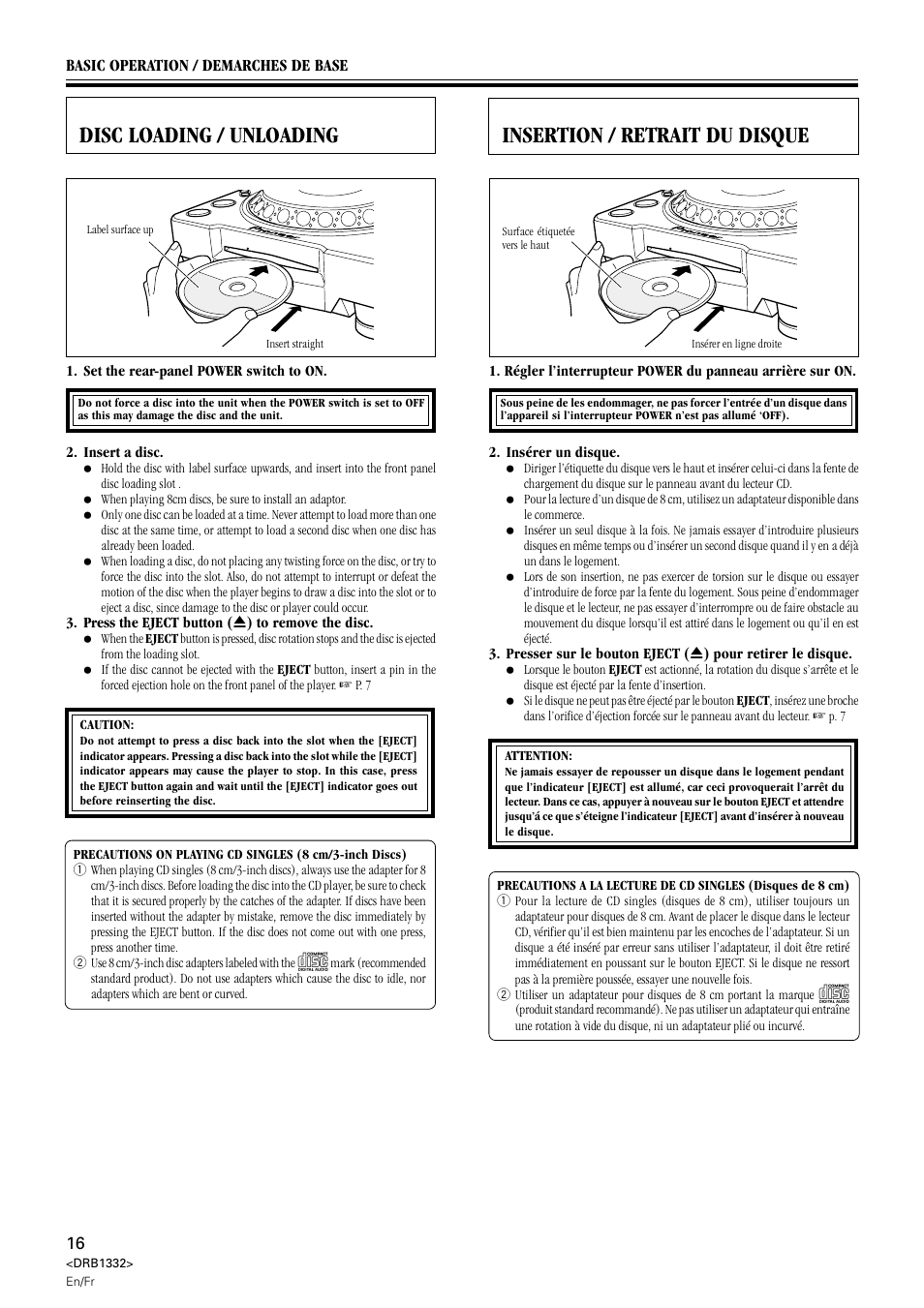 Insertion / retrait du disque, Disc loading / unloading | Pioneer CDJ-800 User Manual | Page 16 / 96