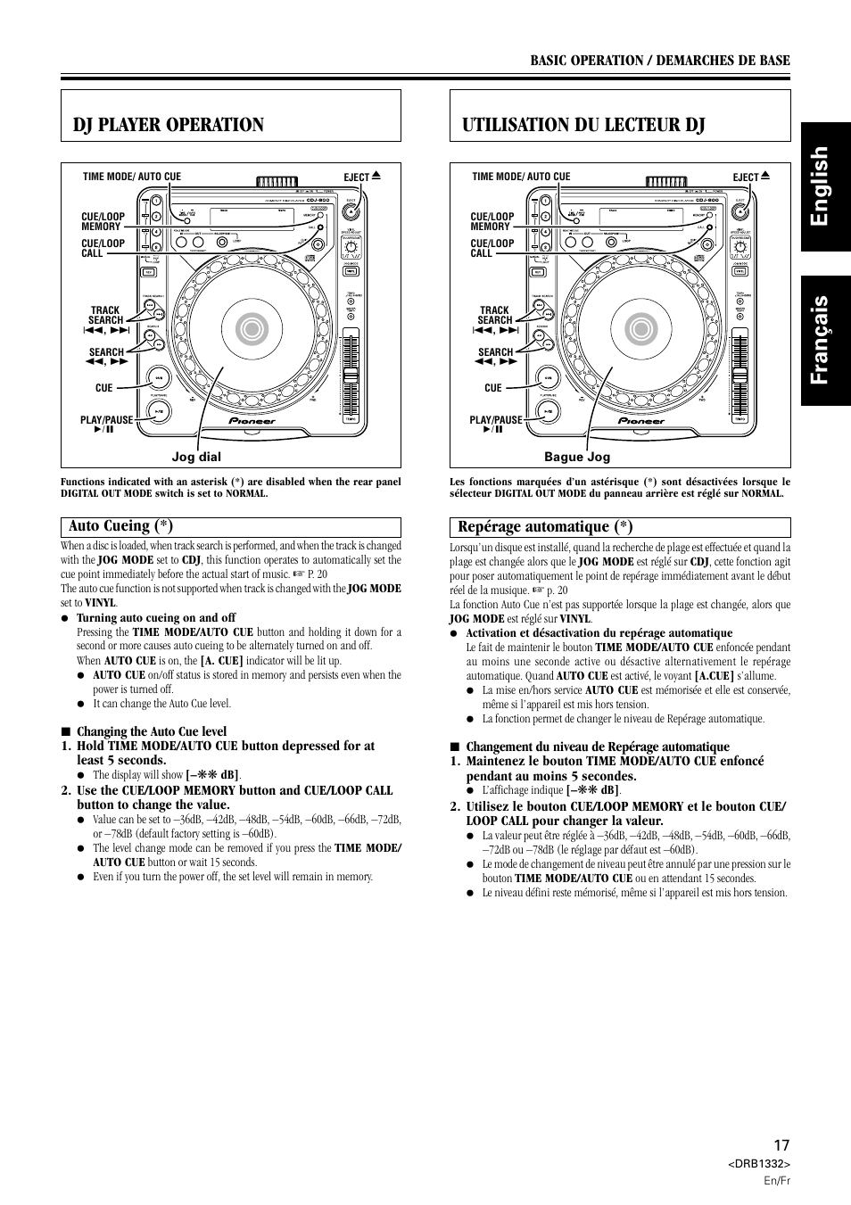 Utilisation du lecteur dj, Repérage automatique, Dj player operation | Auto cueing, English français, Repérage automatique (*), Auto cueing (*) | Pioneer CDJ-800 User Manual | Page 17 / 96