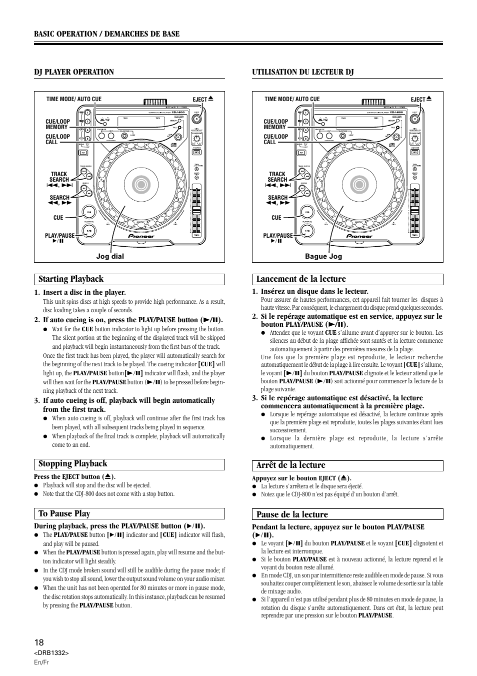 Starting playback stopping playback to pause play, Starting playback, Lancement de la lecture | Stopping playback, Arrêt de la lecture, Pause de la lecture | Pioneer CDJ-800 User Manual | Page 18 / 96