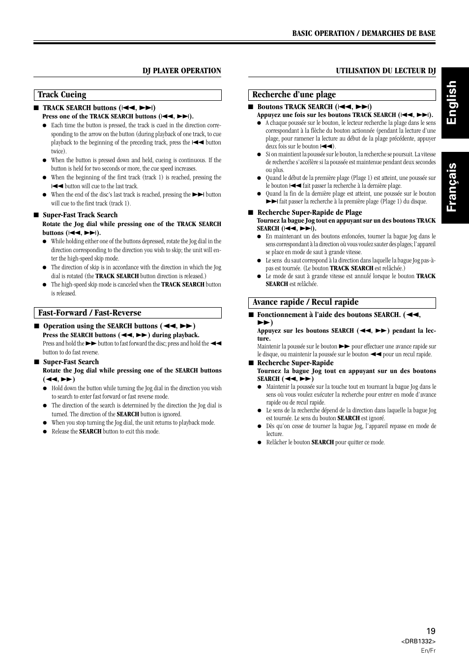 Recherche d’une plage avance rapide / recul rapide, Track cueing fast-forward / fast-reverse, English français | Recherche d’une plage, Avance rapide / recul rapide, Track cueing, Fast-forward / fast-reverse | Pioneer CDJ-800 User Manual | Page 19 / 96