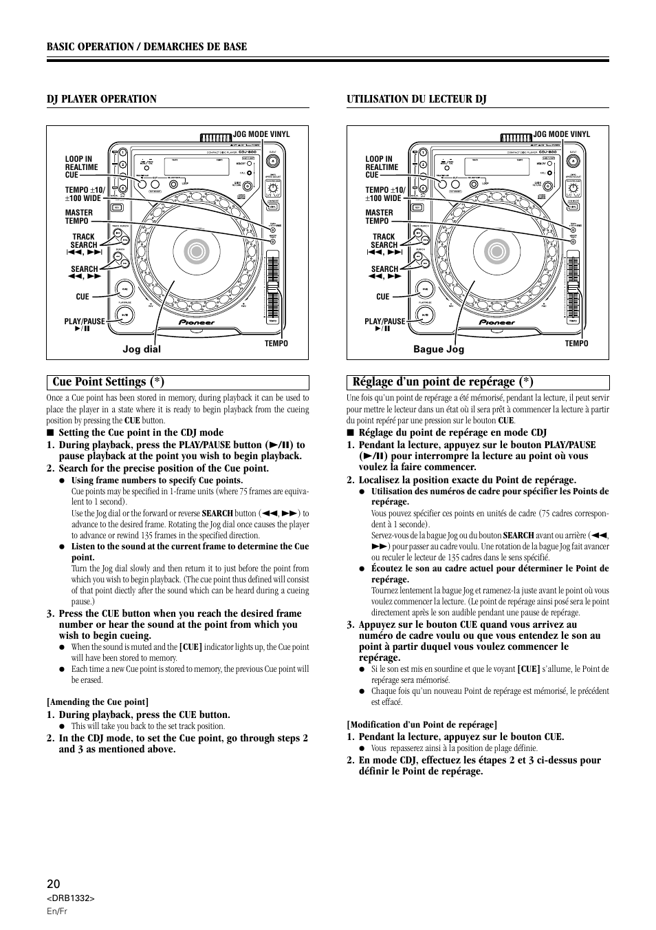 Réglage d’un point de repérage, Cue point settings, Réglage d’un point de repérage (*) | Cue point settings (*) | Pioneer CDJ-800 User Manual | Page 20 / 96