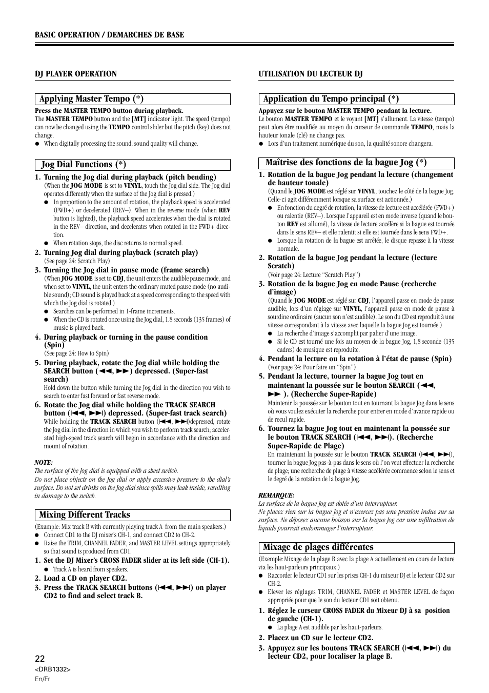 Mixage de plages différentes, Application du tempo principal (*), Maîtrise des fonctions de la bague jog (*) | Applying master tempo (*), Jog dial functions (*), Mixing different tracks | Pioneer CDJ-800 User Manual | Page 22 / 96