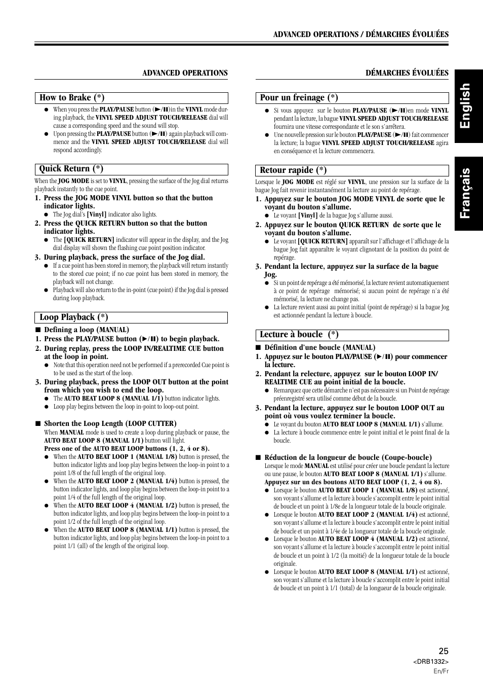 Pour un freinage retour rapide lecture à boucle, How to brake quick return loop playback, English français | Lecture à boucle (*), Pour un freinage (*), Retour rapide (*), Loop playback (*), Quick return (*), How to brake (*) | Pioneer CDJ-800 User Manual | Page 25 / 96