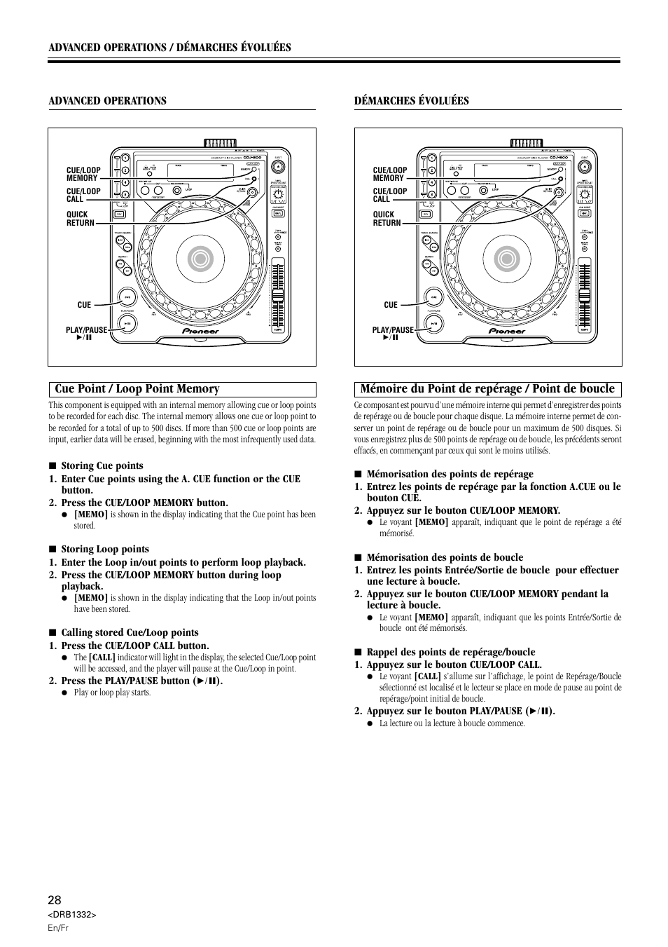 Mémoire du point de repérage / point de boucle, Cue point / loop point memory | Pioneer CDJ-800 User Manual | Page 28 / 96