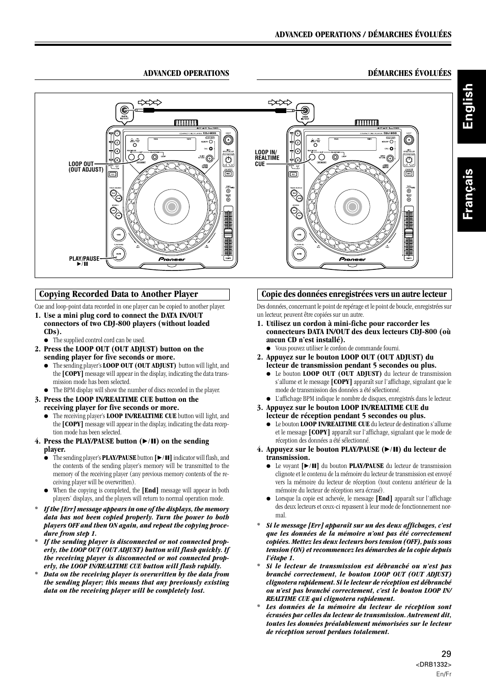 Copying recorded data to another player, English français | Pioneer CDJ-800 User Manual | Page 29 / 96