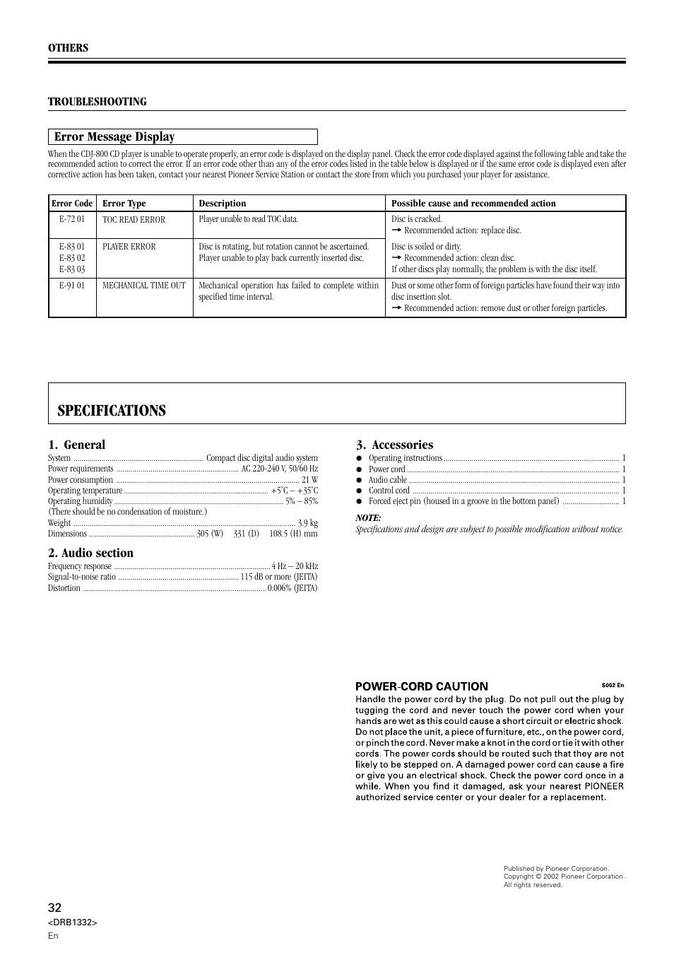 Specifications, Error message display, General | Accessories | Pioneer CDJ-800 User Manual | Page 32 / 96