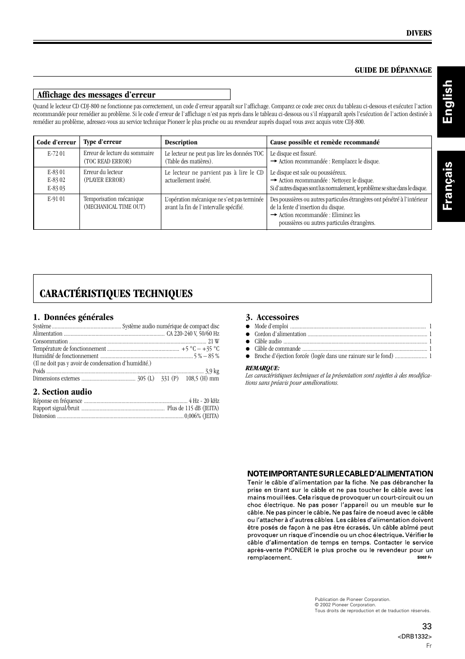 Caractéristiques techniques, English français, Affichage des messages d’erreur | Données générales, Accessoires | Pioneer CDJ-800 User Manual | Page 33 / 96