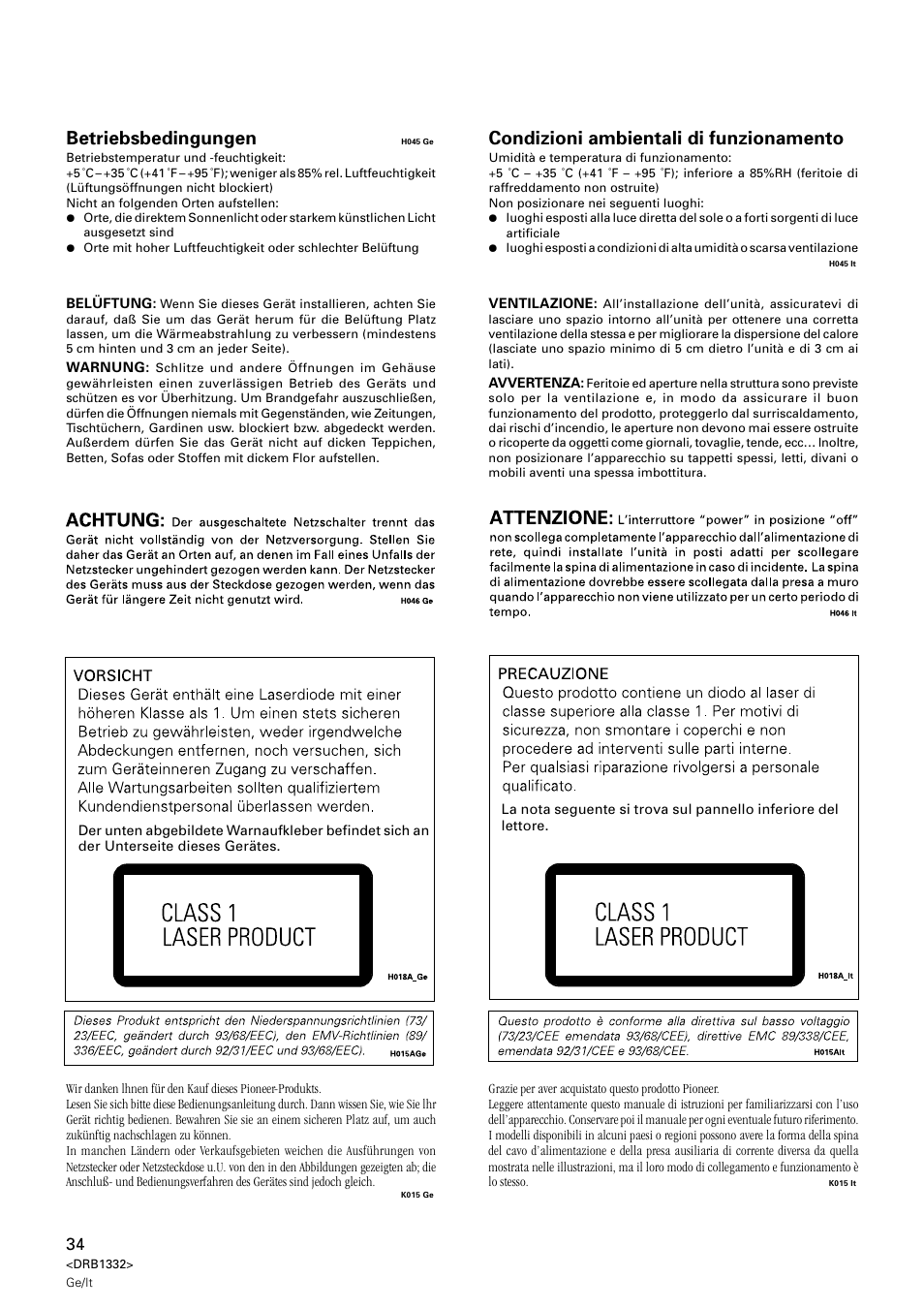 Betriebsbedingungen, Condizioni ambientali di funzionamento | Pioneer CDJ-800 User Manual | Page 34 / 96