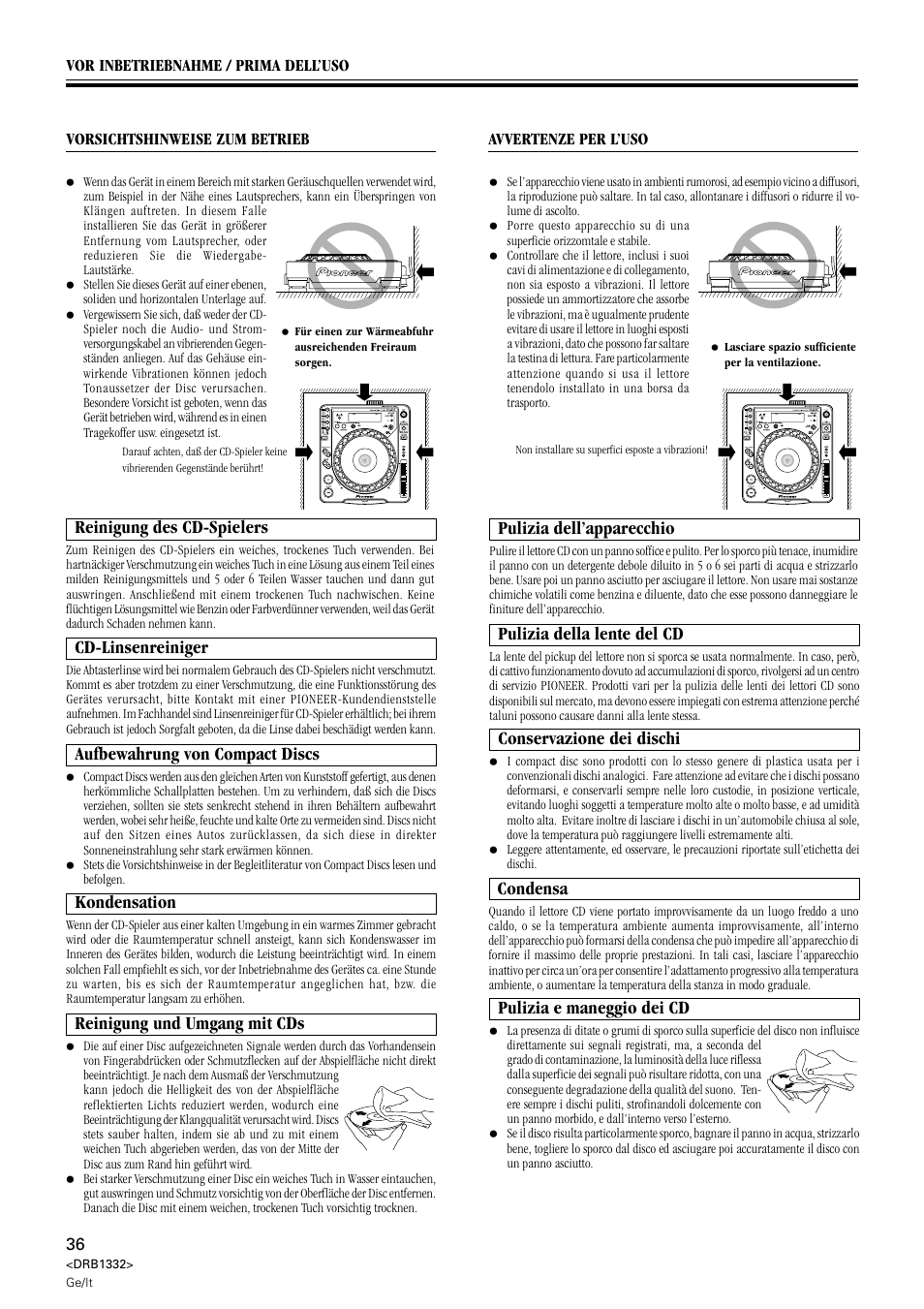 Reinigung des cd-spielers, Cd-linsenreiniger, Aufbewahrung von compact discs | Kondensation, Pulizia dell’apparecchio, Pulizia della lente del cd, Condensa, Reinigung und umgang mit cds, Pulizia e maneggio dei cd, Conservazione dei dischi | Pioneer CDJ-800 User Manual | Page 36 / 96