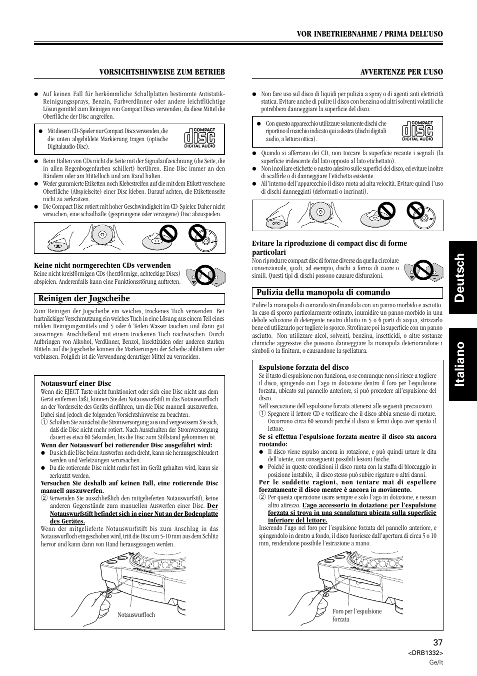 Deutsch italiano, Reinigen der jogscheibe, Pulizia della manopola di comando | Pioneer CDJ-800 User Manual | Page 37 / 96