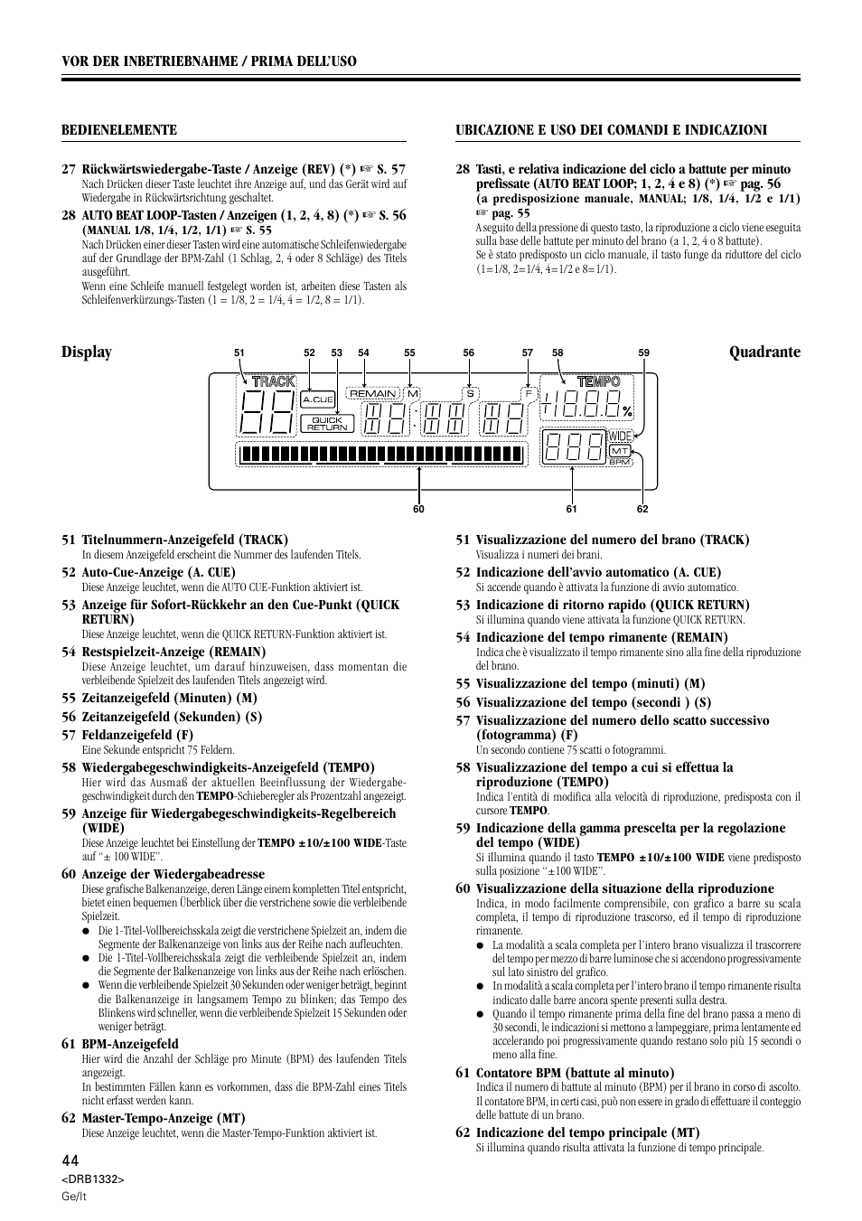 Display, Quadrante | Pioneer CDJ-800 User Manual | Page 44 / 96