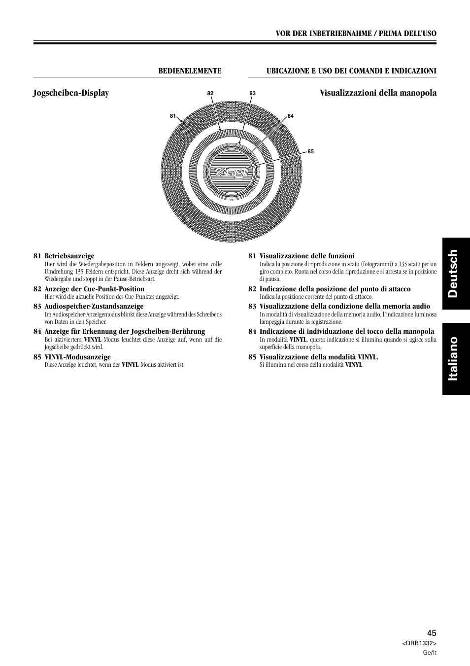 Jogscheiben-display, Visualizzazioni della manopola, Deutsch italiano | Pioneer CDJ-800 User Manual | Page 45 / 96