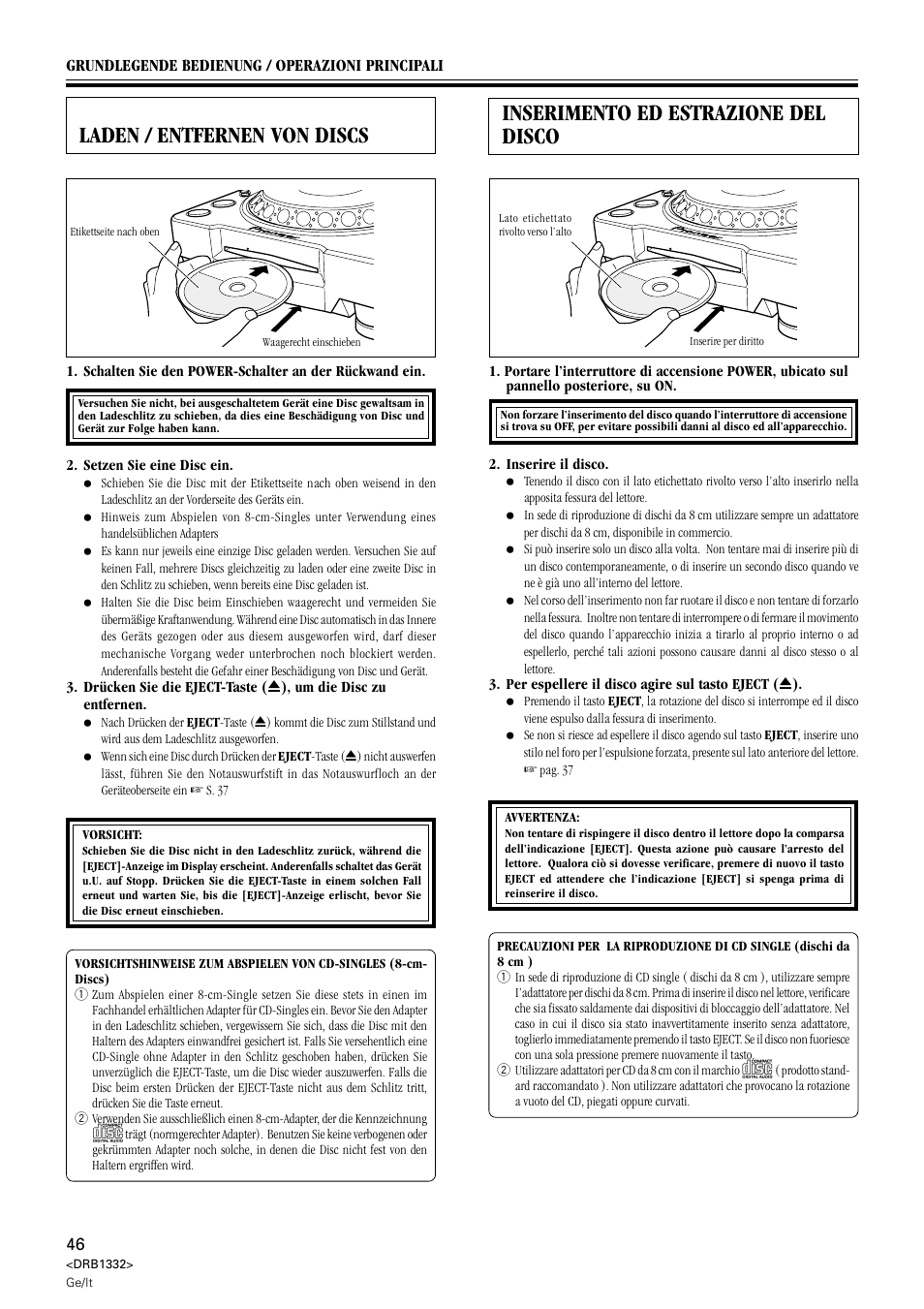 Laden / entfernen von discs, Inserimento ed estrazione del disco | Pioneer CDJ-800 User Manual | Page 46 / 96