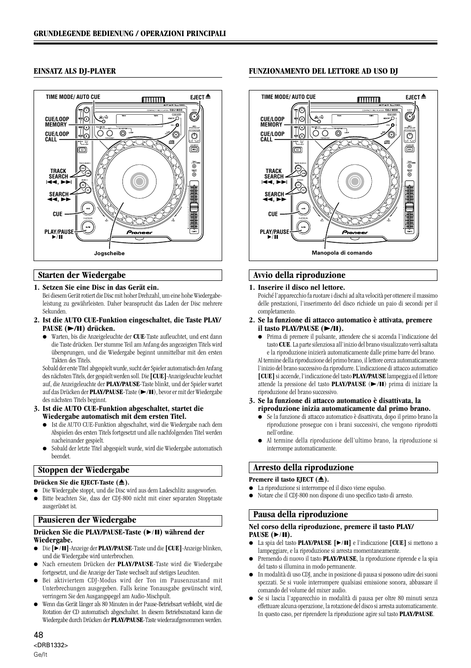 Arresto della riproduzione, Pausa della riproduzione, Stoppen der wiedergabe | Pausieren der wiedergabe, Avvio della riproduzione, Starten der wiedergabe | Pioneer CDJ-800 User Manual | Page 48 / 96