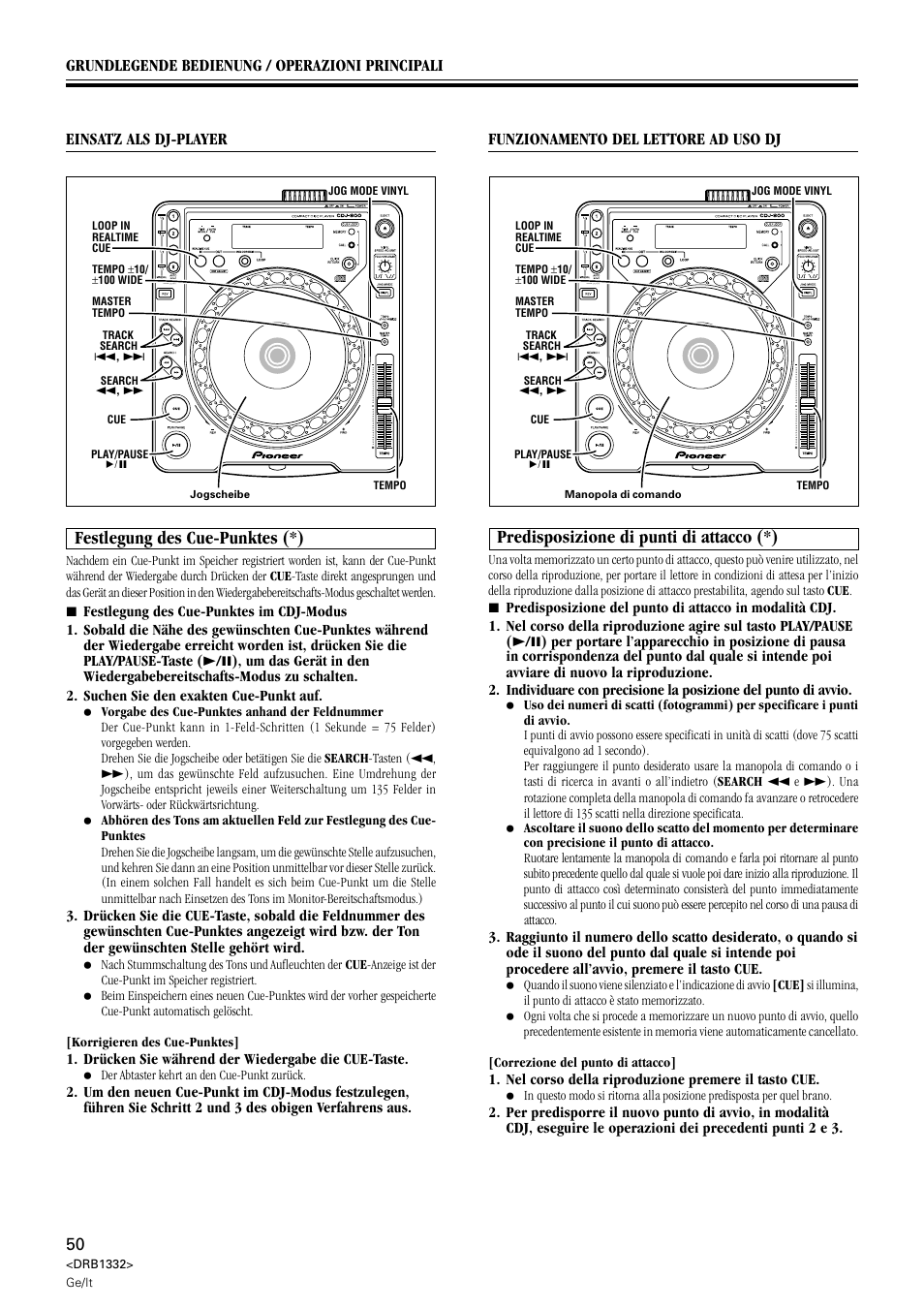 Festlegung des cue-punktes, Predisposizione di punti di attacco, Festlegung des cue-punktes (*) | Predisposizione di punti di attacco (*) | Pioneer CDJ-800 User Manual | Page 50 / 96