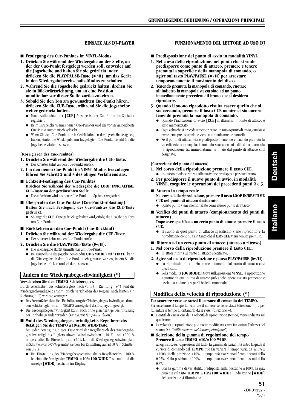 Ändern der wiedergabegeschwindigkeit, Modifica della velocità di riproduzione, Deutsch italiano | Modifica della velocità di riproduzione (*), Ändern der wiedergabegeschwindigkeit (*) | Pioneer CDJ-800 User Manual | Page 51 / 96