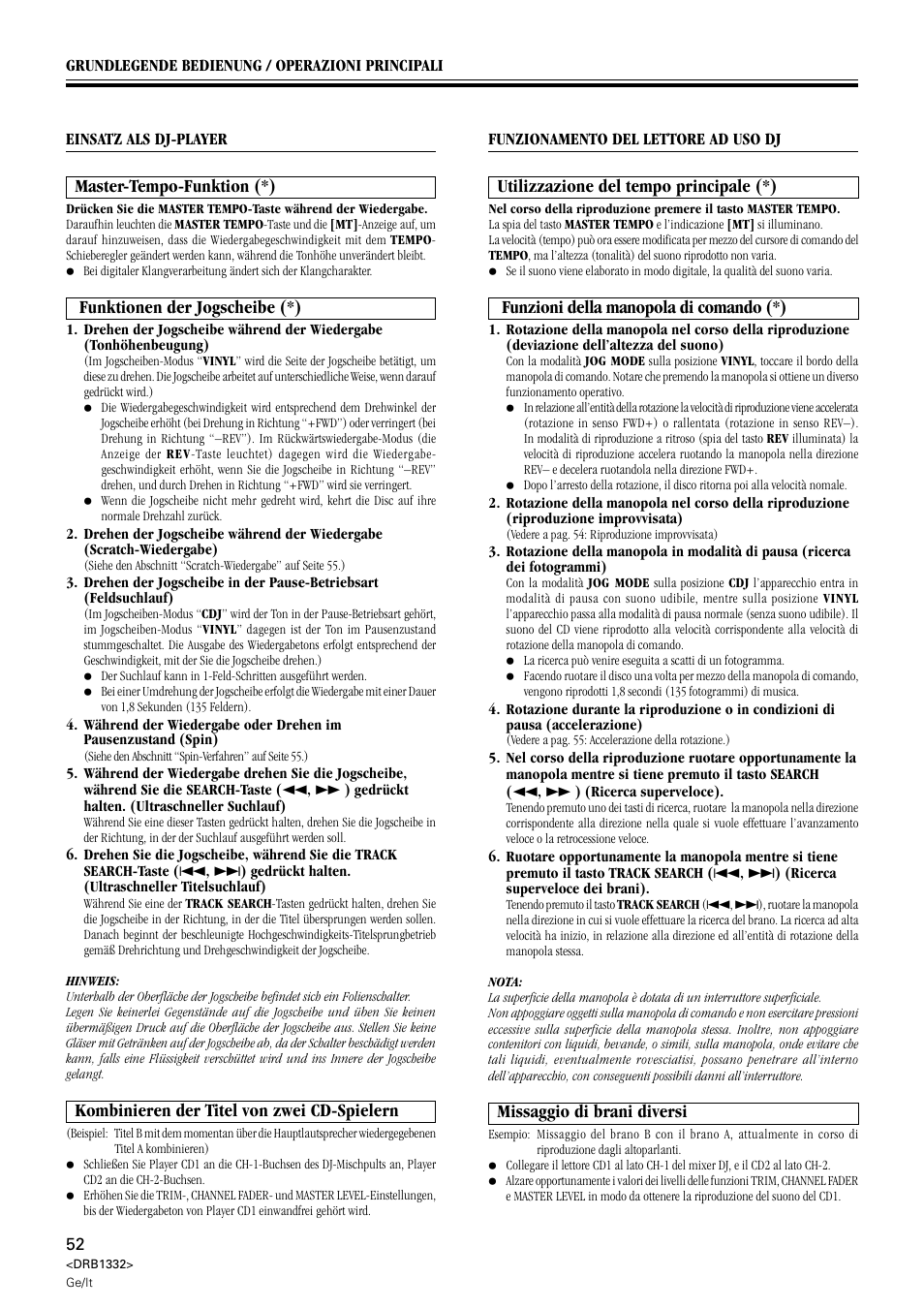 Missaggio di brani diversi, Kombinieren der titel von zwei cd-spielern, Master-tempo-funktion (*) | Funktionen der jogscheibe (*), Utilizzazione del tempo principale (*), Funzioni della manopola di comando (*) | Pioneer CDJ-800 User Manual | Page 52 / 96
