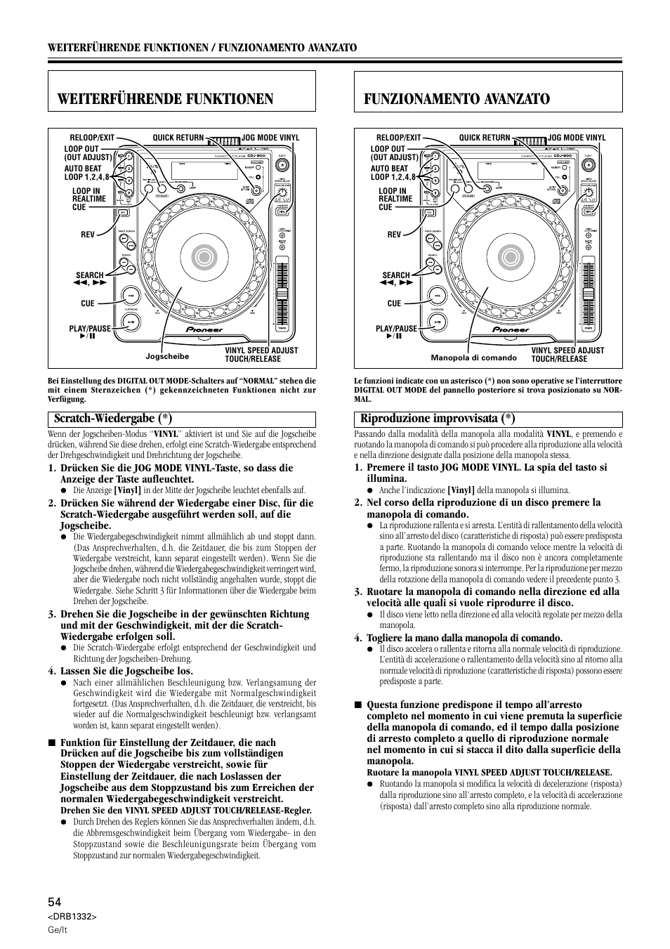 Weiterführende funktionen, Scratch-wiedergabe, Funzionamento avanzato | Riproduzione improvvisata, Weiterführende funktionen funzionamento avanzato, Scratch-wiedergabe (*), Riproduzione improvvisata (*) | Pioneer CDJ-800 User Manual | Page 54 / 96