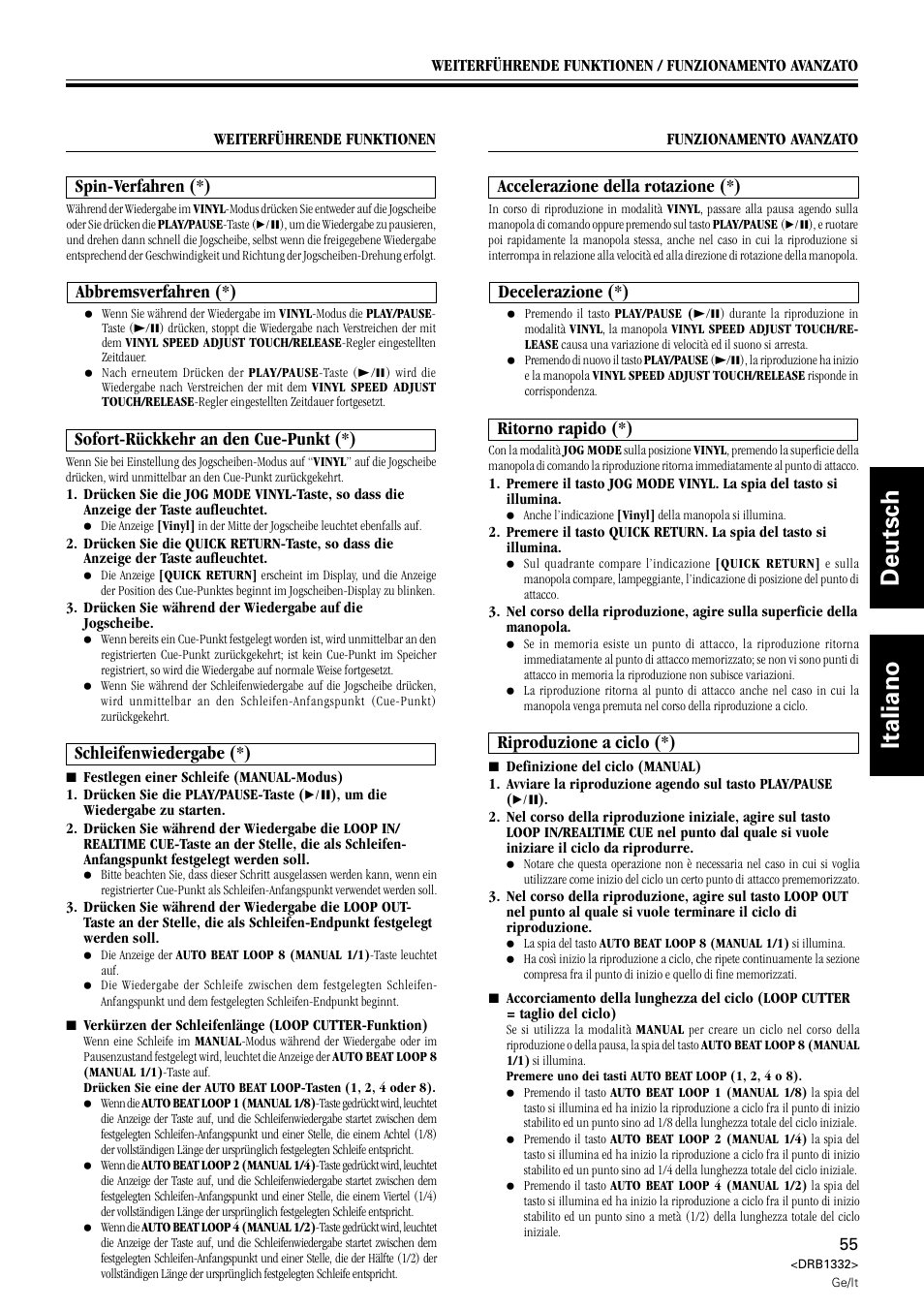 Deutsch italiano, Abbremsverfahren (*), Decelerazione (*) | Spin-verfahren (*), Accelerazione della rotazione (*), Sofort-rückkehr an den cue-punkt (*), Ritorno rapido (*), Riproduzione a ciclo (*), Schleifenwiedergabe (*) | Pioneer CDJ-800 User Manual | Page 55 / 96