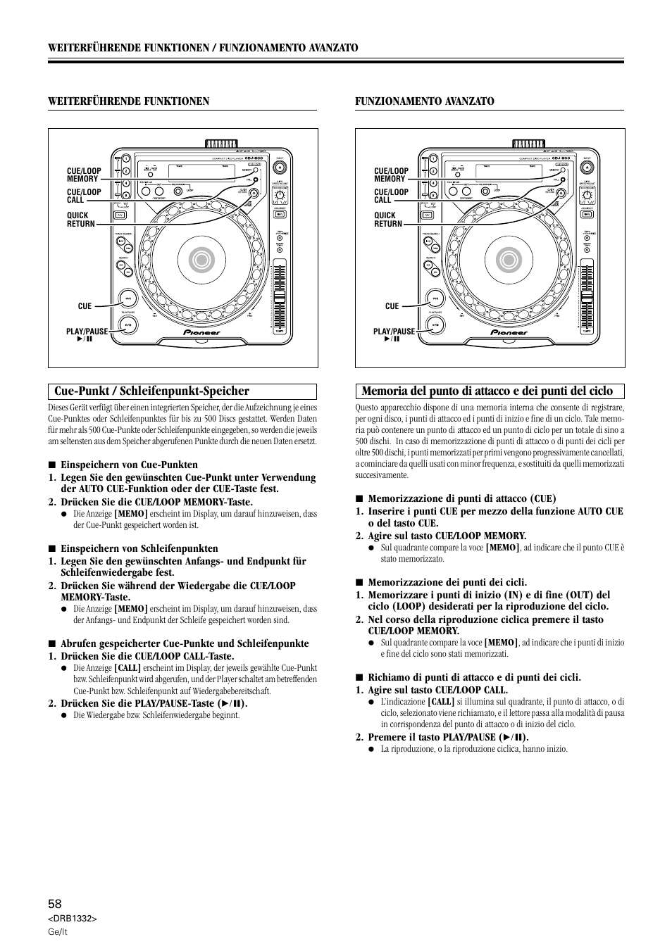 Cue-punkt / schleifenpunkt-speicher, Memoria del punto di attacco e dei punti del ciclo | Pioneer CDJ-800 User Manual | Page 58 / 96